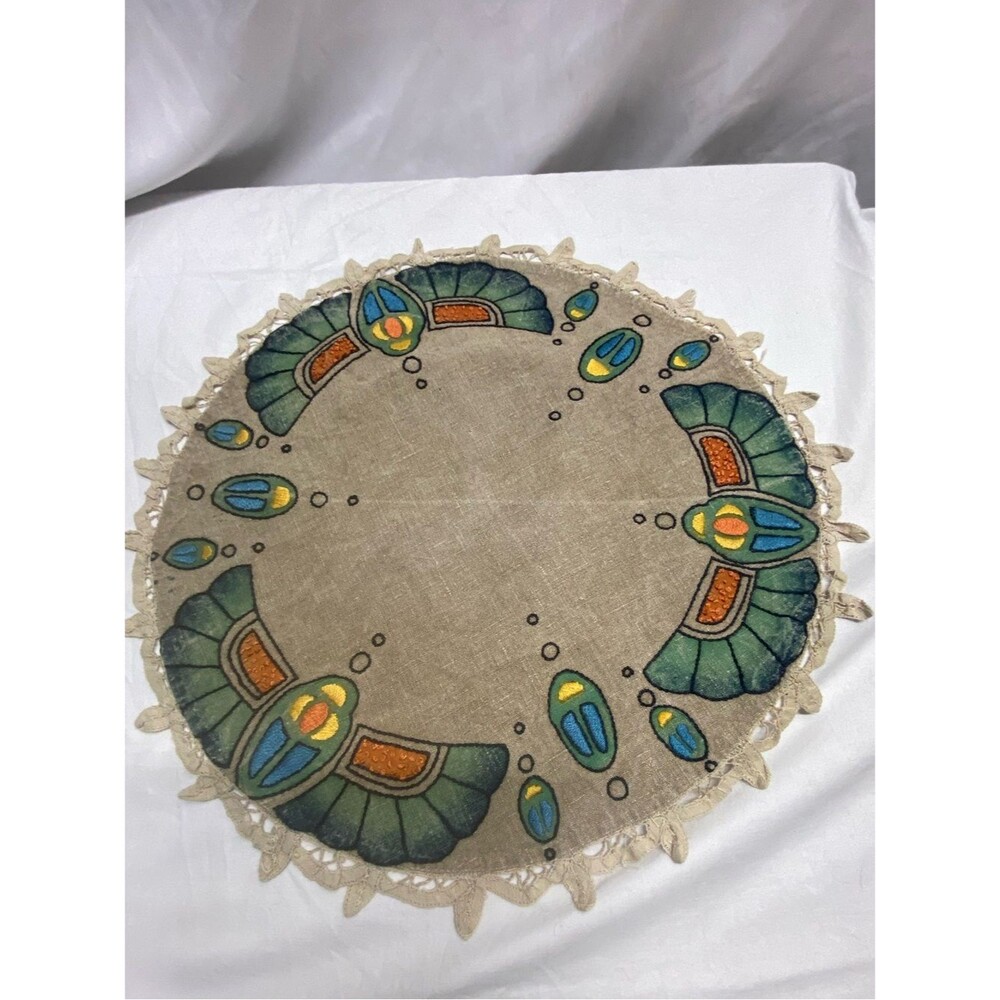 ^Egyptian Revival Arts & Crafts Hand Crocheted Lace Linen 18” bird embroidered